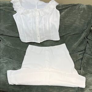 White Lace Trim Satin Top and Skirt Set